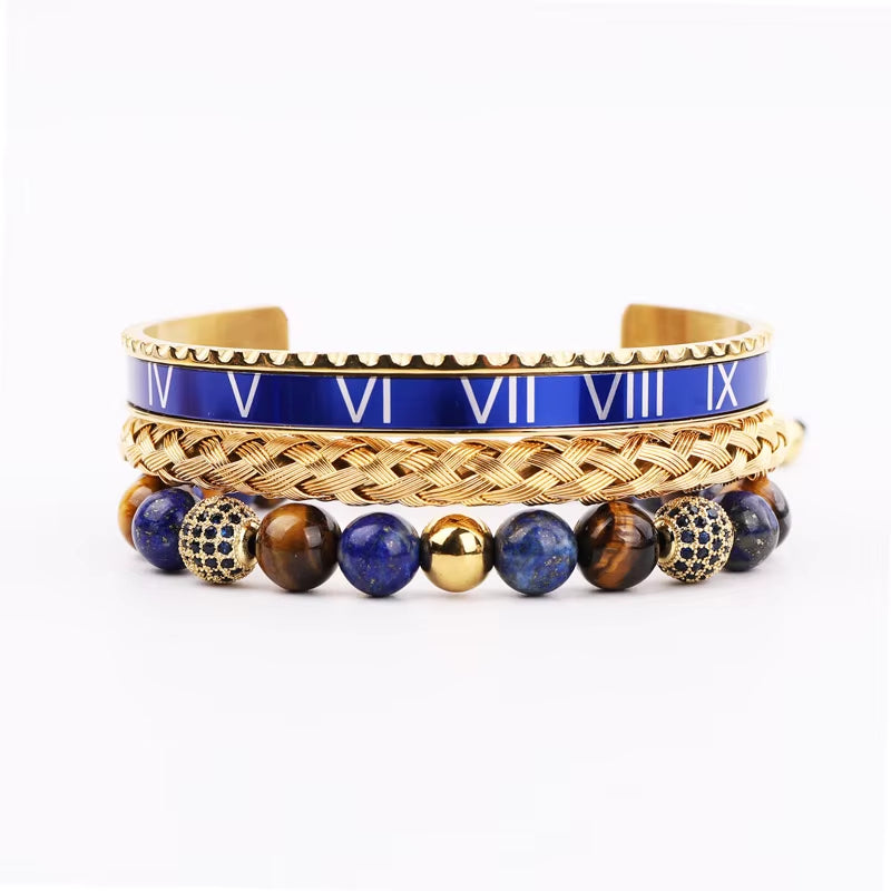 Roman Tiger Eye Stone Macrame Bangle Bracelet Set