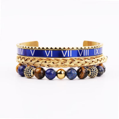 Roman Tiger Eye Stone Macrame Bangle Bracelet Set